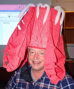 Lab member Dave Askew with tapeworm costume